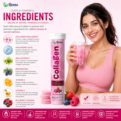 Image of Collagen Effervescent Tablets, Mix Berry Flavour, with Hyaluronic Acid, Vitamin C, Amla Extract, Vollagen, 15 Tablets (1)