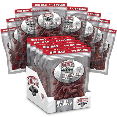 Image of Old Trapper Beef Jerky, Peppered 1 /4-Pound Individual Package, Spicy Meat Snacks for Lunches or Between Meals, 11 Grams of Protein, Zero Grams of Fat, 70 Calories per Serving (Pack of 8)