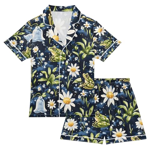 senya Green Frogs Flowers Satin Summer Pajama Sets Silk Short Sleeve Button Down Sleepwear