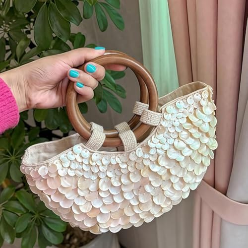 Beaded Bag,2025 New Seashell Purse,Summer Beach Handle Beaded Handbag,Fashionable Shell Purse for Women,Suitable for Beach Wedding Party Holiday Travel.4