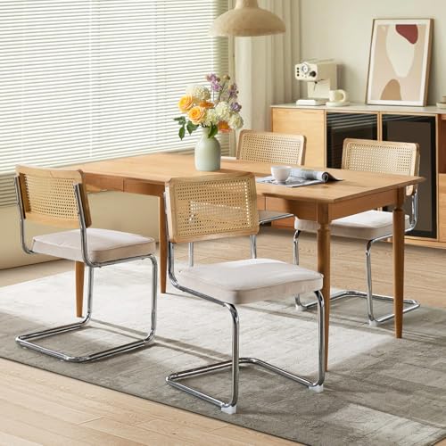 SoarFlash Mid-Century Moderne Esstische, Handgewebte Rattanlehne, Cantilever-Struktur aus Verchromtem Stahl, Weiches Samtpolster, Set aus 4, Beige SoarFlash Mid-Century Moderne Esstische, Handgewebte Rattanlehne, Cantilever-Struktur aus Verchromtem Stahl, Weiches Samtpolster, Set aus 4, Beige