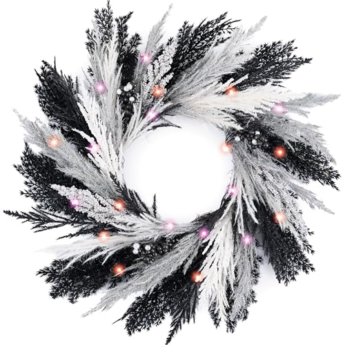 DecorbyHannah Halloween Wreath for Front Door, 18 Inch Pre-Lit Faux Black Pampas Grass Gothic Spooky Wreath with Lights and Timer, Fall Door Decor for Fireplace Mantle Porch Wall Home Indoor Outdoor