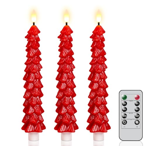 Image of Christmas Tree Candles Battery Operated, Red Christmas Flameless Taper Candles with Remote Timer, Set of 3 Waxy 9.8 Inch LED Tree Candlesticks for Xmas Home Holiday Window Winter Decor