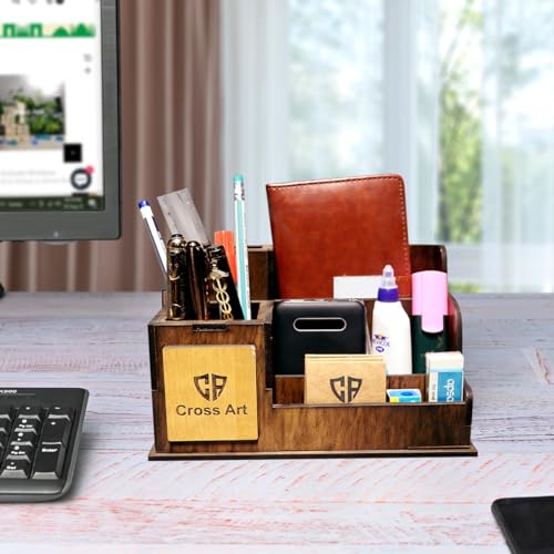 Image of Teak Wood Personalized Gold Pen Stand With Name, Table Watch, Calendar, Stationery & Wooden Desk Organizer Custom Corporate Gift For Doctors, Office, Study, New Year Gift For Employees (PS 002)