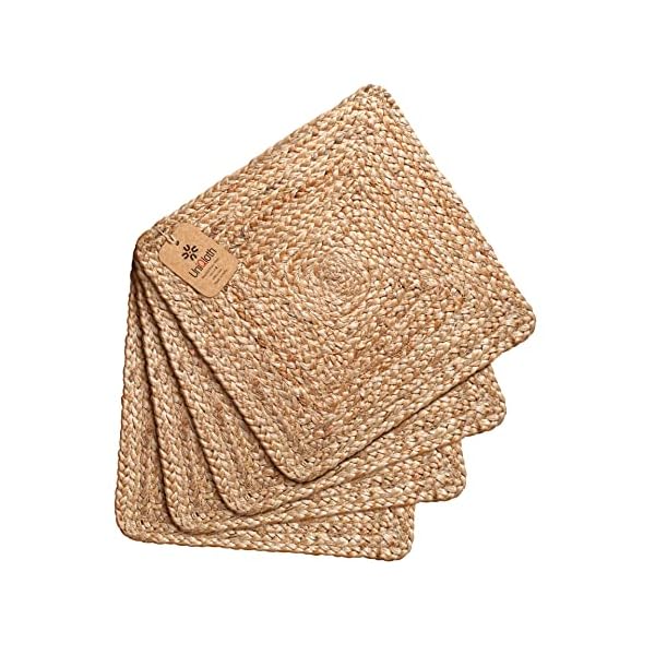 UniQloth Jute Braided Placemats Set of 4 Reversible, 100% Jute, Nonslip 14x14 Square Farmhouse Vintage Jute Placemats for Dining Table, Perfect for Indoor Outdoor, Natural