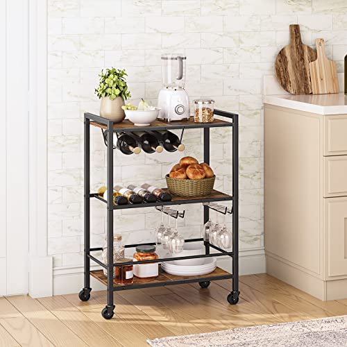 Hoobro Bar Cart, 3-Tier Serving Cart On Wheels, Kitchen Cart With Wine Rack And Cup Holder, With Freely Rotating And Lockable Wheels, For Dining Rooms, Living Room, Garden, Party, Bar Bf35Tc01G1 #TOP1