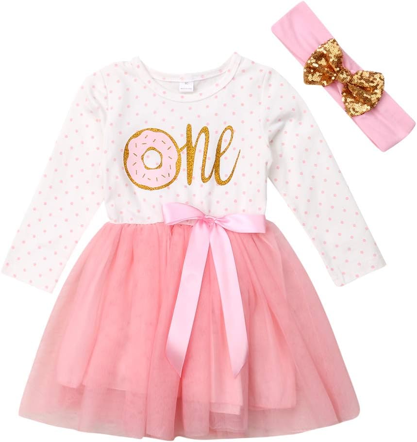SAYOONewborn Baby Girls Pink Striped Tutu Dress First Birthday Skirt Outfits Casual Donut Print Girls Clothes Headband 2Pcs Set