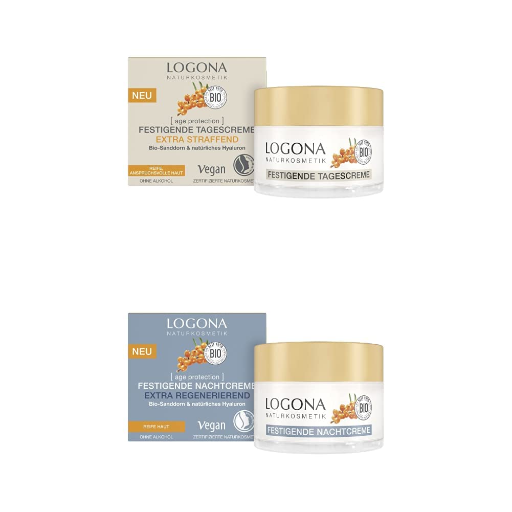 LOGONA Naturkosmetik Anti-Aging Gesichtscreme für reife Haut, Straffende Tagescreme mit veganer Formel, Mit Bio-Sanddorn und Hyaluron, 50 ml + Anti-Aging Nachtcreme, Regenerierende Gesichtspflege