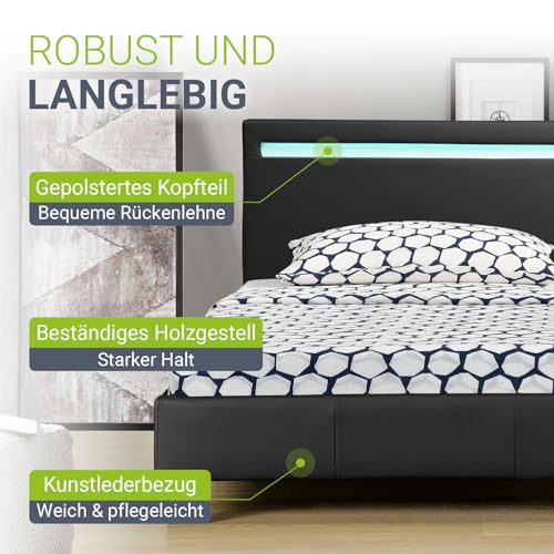 Juskys Polsterbett Paris 90x200 cm mit LED-Beleuchtung, Lattenrost & Kopfteil, Bett mit Gestell aus Holz & Kunstleder Bezug, schwarz