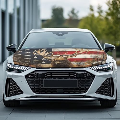 Image of Car Snow Cover,A Waterproof,Windproof Half Car Cover for Winter Frost and Ice Removal-American Flag Deer