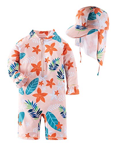 Styles I Love Little Girls Floral Print One-Piece Rash Guard Swimsuit with Sun Hat 2pcs Set Peach Bathing Suit Beach Swimwear (4T)
