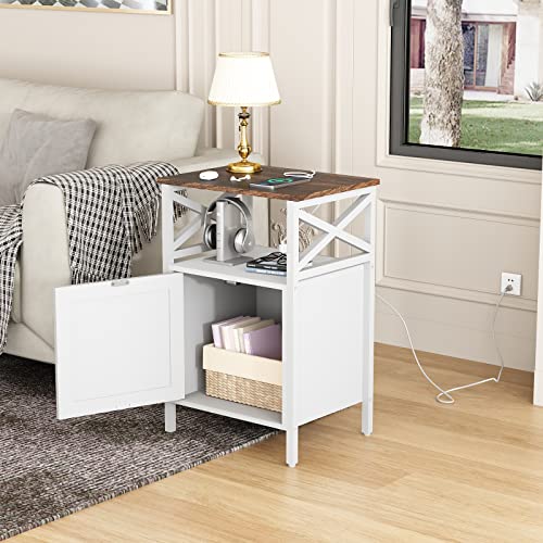 Ldttcuk Side Table With Charging Station, End Table With Power Outlet & Usb Ports, Nightstand With 2 Tiers Storage Space And Storage Cabinet, Sofa Side Tables For Bedroom, Living Room,Office,White #TOP6