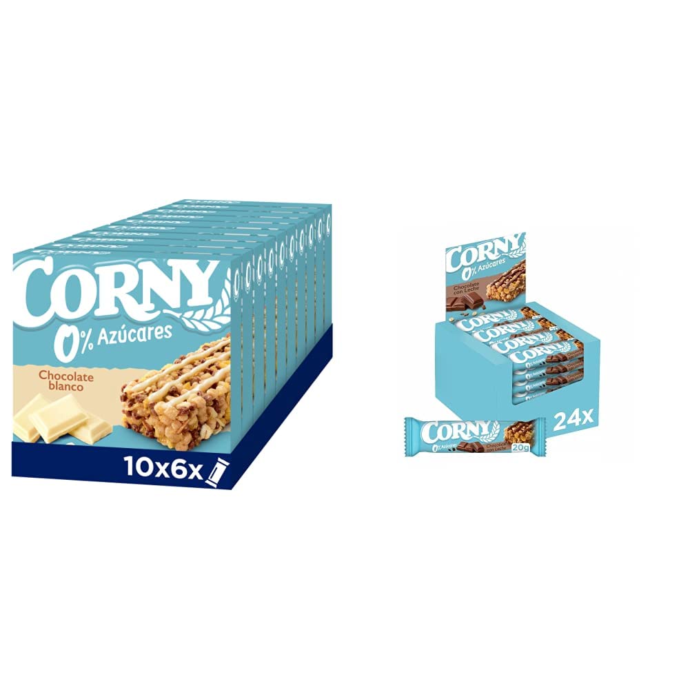 Corny - Barritas de Cereales 0% Chocolate Blanco, Pack de 10 (60 unidades), 6x20 g & Barritas de Cereales 0% Chocolate con Leche, Sueltas (24 unidades) x 20 g