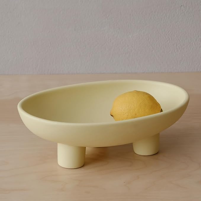 WENSHUO Three-Legs Ceramic Fruit Bowl for Kitchen Counter, Decorative Bowl for Table Décor, 10-inch Oval Large Bowls for Breads (Matte Crème)
