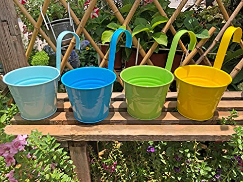 Bloss 8 Pack Hanging Flower Pots, Metal Hanging Planters Buckets With Detachable Hook And Drainage Hole Indoor/Outdoor Hanging Plant Holders For Balcony Garden Railing Fence, Small Size Multicolor #TOP7