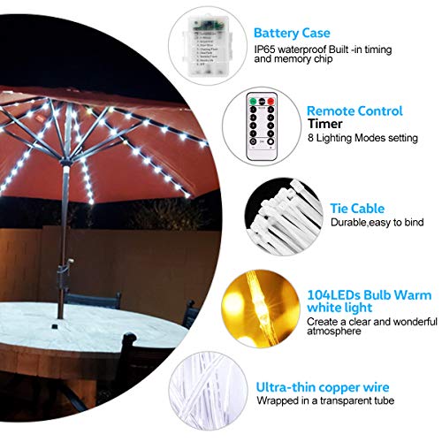 Iyeho Patio Umbrella Light String Lights 8 Brightness Modes 104 Leds At 3Aa Battery Operated Waterproof Outdoor Umbrella Pole Light For Patio Umbrellas Camping Tents (Warm White) #TOP5