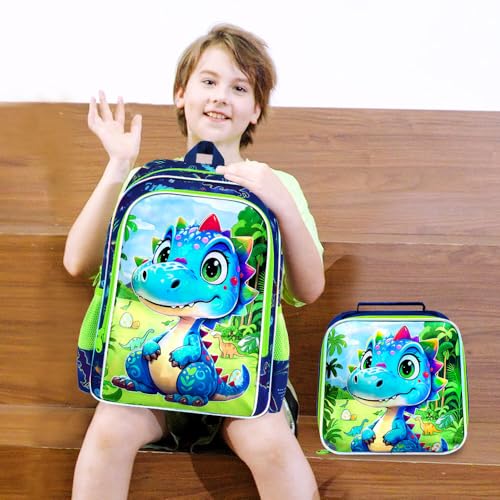 Image of AGSDON 3PCS Dinosaur Backpack for Boys, 16 inch Little Kids Preschool Bookbag, Elementary Backpacks and Lunch Box - Blue