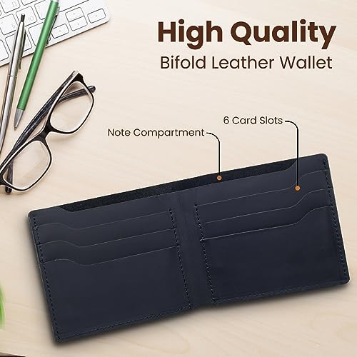 Leather Wallet for Men, RFID Blocking, Extra Capacity Mens Bifold Wallets, Genuine Leather, Handcrafted, Strong Stitching, Extra Capacity for bills, 6 Card Slots, Gift for Him (Black)4