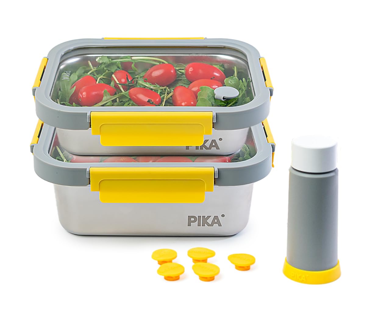 Pika | Lot de 2 boites alimentaires sous vide en inox + pompe de mise sous vide | 820ml + 1200ml | Micro-ondes, four, congélateur | Légère & hermétique