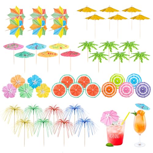 HOWAB Cocktail Deko Schirmchen Zubehör: 135 Stück Cocktailschirmchen mit Zahnstocher Holz,Papierschirmchen für Summer Party,Mini Sonnenschirm Dekoration Palmen Hawaii