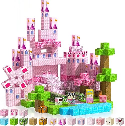 DOFASNCN Pink Magnetic Building Blocks Magnetic Building Tiles Toys for Boys Girls Age 3+Creative Plastic Magnet Square Gift for Kids Pink Castle 100PCS