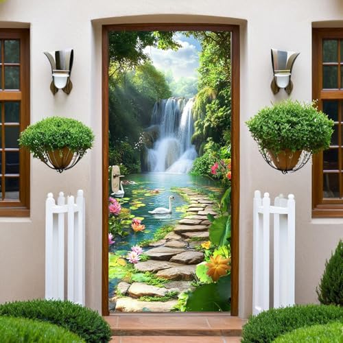 Vert Papier Peint Porte 73x204 cm Cascade forestière et étang de lotus Trompe l'oeil Sticker...
