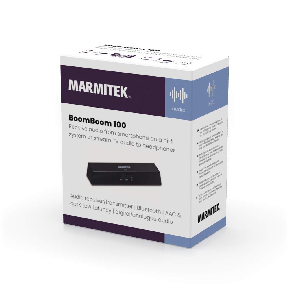 Marmitek BoomBoom 100 - Trasmettitore ricevitore Bluetooth 2 in 1 aptX | Adattatore audio RX/TX per TV, cuffie e impianto hi-fi, aptX Low Latency, AAC, Toslink, jack 3,5 mm e 2 cuffie