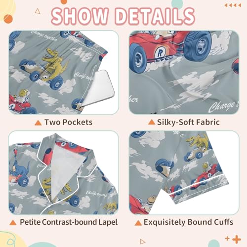 senya Cute Crocodile Race Car Satin Summer Pajama Sets Silk Short Sleeve Button Down Sleepwear3