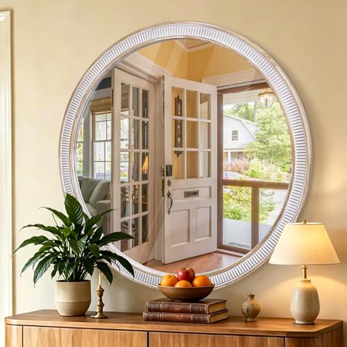 Image of 30 Inch Round Mirror, Rustic Farmhouse Circle Mirrors for Wall Decor | HD Tempered Glass, Over-sink Accent, Warm Wooden Look, Decorative Style for Living Room, Foyer, Entryway, Bathroom