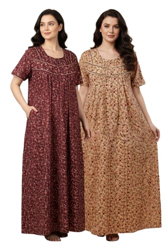Image of Bahumaan Cotton Nighty for Women Full Length Stylish | Floral Print Pure Cotton Maxi Dress for Women with Pocket | Sleepwear Gown for Women