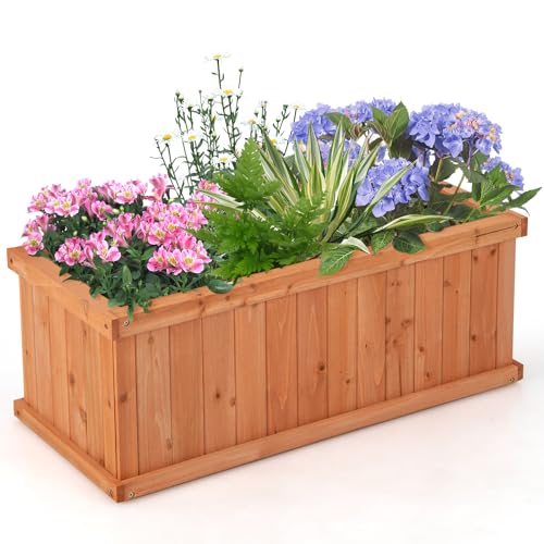 HAPPYGRILL Raised Garden Bed, Outdoor Elevated Flower Box w/ 4 Drainage Holes & Detachable Bottom Panels, Wood Planter Box for Vegetables Flowers Herbs & Fruits Growing, 31” x 14” x 12”
