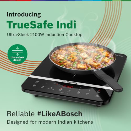 Image of Bosch TrueSafe Indi 2100W Ultra-Sleek Induction Cooktop | Feather Touch Control Panel | Superior 6KV Surge Protection | 8 Preset Menus & Timer | 3 Year Coil Warranty | Child Safety Lock | (PI815S11EI)