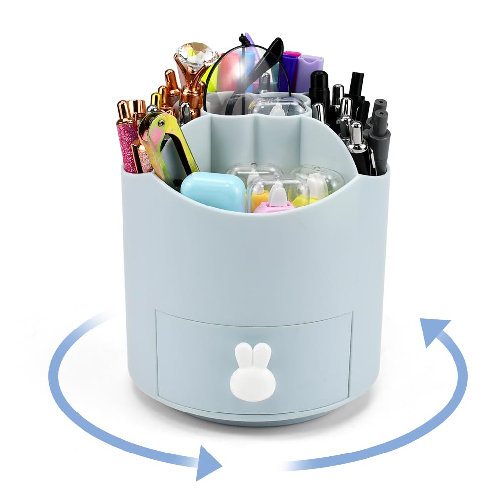 HEKOBAG Niños Portalápices Giratorio, Portalapices Escritorio Giratorio de 360 Grados con 5 Compartimentos y 1 Cajoncito para Ahorrar Espacio, Soporte Giratorio Plastico para Oficina y Escuela Azul