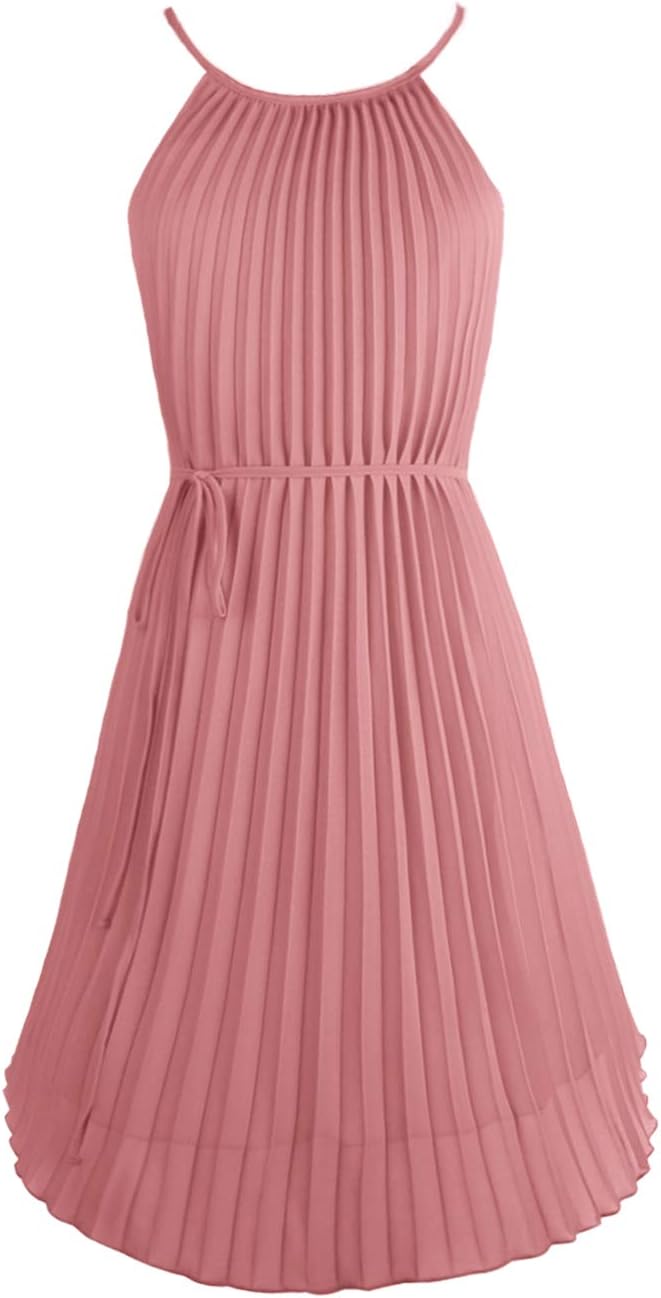 Ellames Women's 2026 Summer Spaghetti Strap Pleated Casual Swing Dress with Belt - Image 2