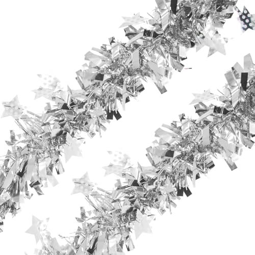 CHEERYMAGIC Christmas Tinsel Garland, 13.12FT Silver Christmas Tree Tinsel Decoration, Metallic Tinsel Garland, for Christmas New Year Holiday Party Decorations A6-YSXXLH(Silver)