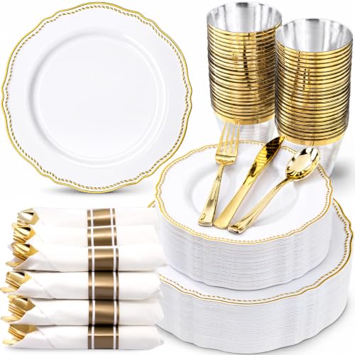 Hioasis 350 Pcs White and Gold Plastic Plates for Wedding & Party