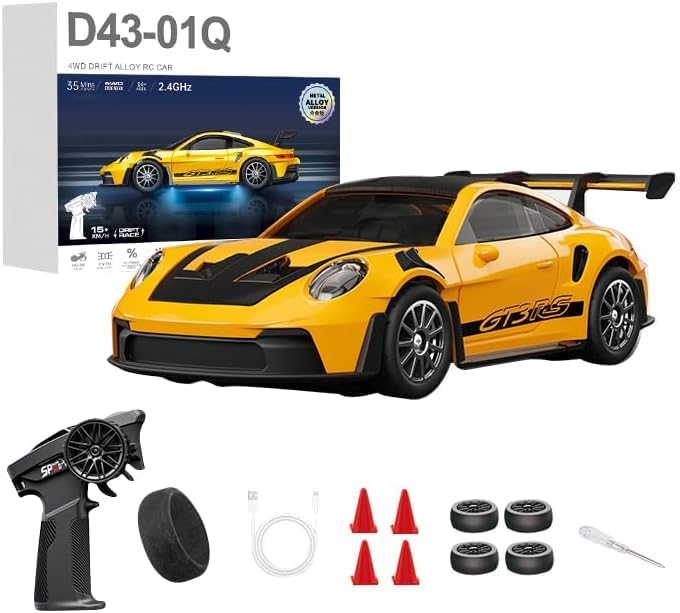 D43-01 1:43 Scale 2.4G Full Proportional 4WD Alloy RC Drift Car with Gyro System, Silent Bearings, Adjustable Speed & LED Lights for Adults, High Speed Remote Control Racing Car