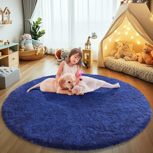 Blue Fluffy Round Area Rugs for Bedroom,3'X3'Shag Circle Area Rugs for Living Room,Non Slip Fuzzy Plush Rug for Kids Room Boys Girls Room and Dorm Home Decor Rug