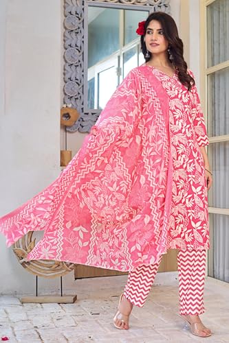 Image of MIRCHI FASHION Women's Straight Fit Pure Cotton Sequins Thread Work Leaf Printed Kurta Set with Dupatta and Trouser
