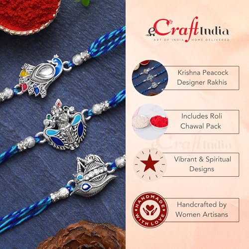 Image of eCraftIndia White Red Golden Set of 3 Pearl Rakhi for Brother with Roli Chawal Pack