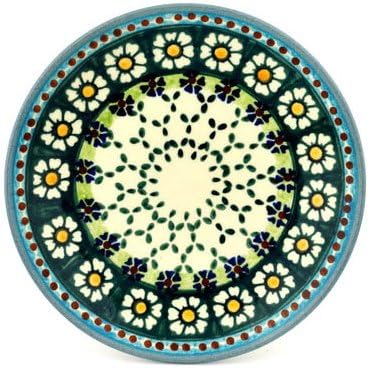 Polmedia Polish Pottery Dessert Plate - Green Daisy Pattern Handmade in Boleslawiec Poland + Certificate of Authenticity