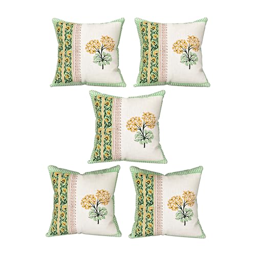 Image of BLOCKS OF INDIA Hand Block Printed Cotton Linen Cushion Cover (16 x 16 inches) (DYE Green Yellow Half)