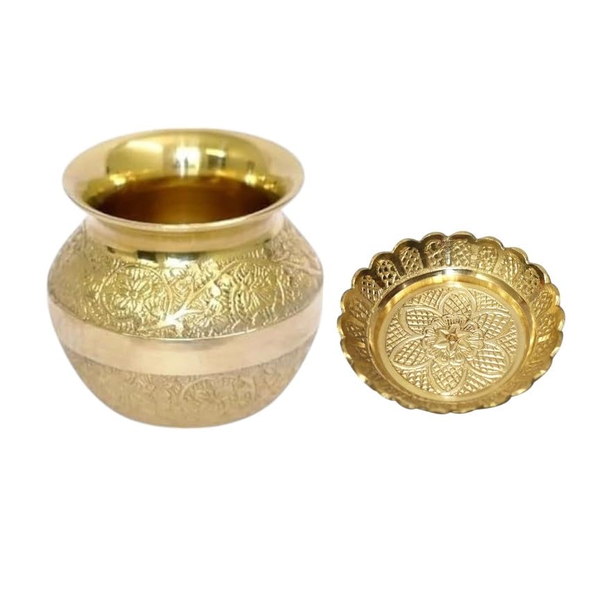 BRACOP® Brass Kalash Lota Water Pot with Lid Engraved Flower Plate Drinking Carafe Serving Utensil Handmade Tumbler with Lid Platter Goblet Glasses Indian Pooja Pot Lota Kalash Home Décor