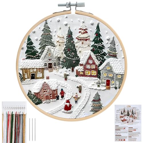 QEEYON Weihnachten Stickerei Set Erwachsene,Weihnachtenmuster Kreuzstich Stickset für Anfänger,Sticken-Schneelandschaft Dorf mit Stickrahmen,Farbfäden und Werkzeuge,für DIY Kunst