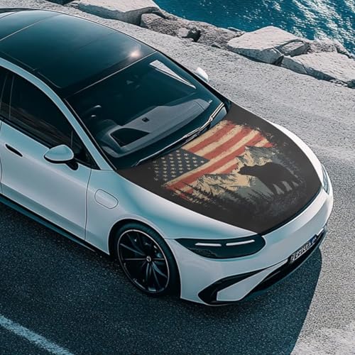 Image of Car Hood Flag Cover, A Decorative Windshield Snow Cover with American Flag Mountain Bear Design for Cars, Trucks, and Vans