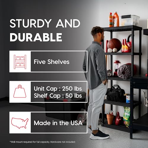 IRIS USA 5-Shelf Light Duty Plastic Storage Shelves, 250lb Capacity, 64"H x 24"W x 12"D, Medium Modular Shelving Unit Storage Organizer for Bathroom, Laundry, Garage & Home, Storage Rack - Black - Image 5