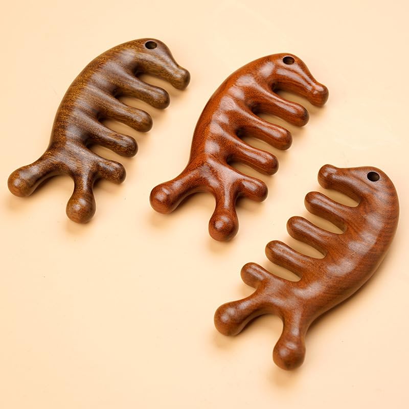 LUOLINGONGJUE® Sandalwood Wooden Massage Comb | Wooden Nose Scraper Lightweight Hair Comb Smooth Anti Static Grooming Tool | Brown 3 | Pack Of 2 1