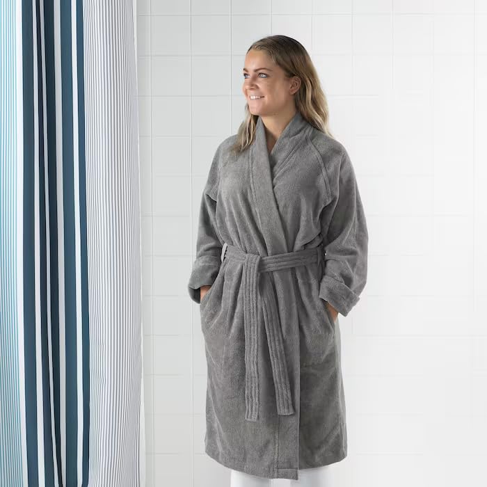 Bathrobe with Adjustable Belt, Lightweight Cotton Robe for After Shower, Soft Shawl Collar Robe for Men & Women, Gray, L/XL4