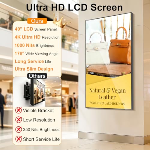 Image of 49Inch 4K Wall Mount Digital Signage, 1000nits High Brightness Slim Frameless Advertising Display, Commerical Display LCD Monitor with CMS /U-Disk Plug&Play, Split Screen, 7 /24 Timer Switch