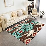 Ethnic Geometric Area Rug 3x5 Blue Brown Cowhide Tribal Print Living Room Rugs for Kids Southwestern Aztec Decorative Carpet Kids Toddler Bohemian Indoor Floor Mat Microfiber Accent Rug